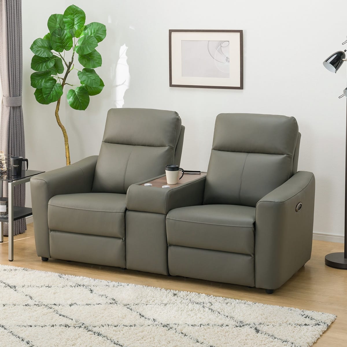 2人掛け電動リクライニングソファ 収納ユニット付き 本革(一部合成皮革