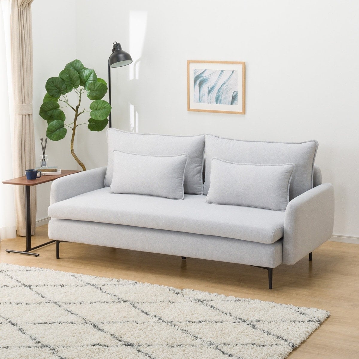 広い座面のゆったり 3人掛けソファ 布張りタイプ (MS01 肘あり LGY