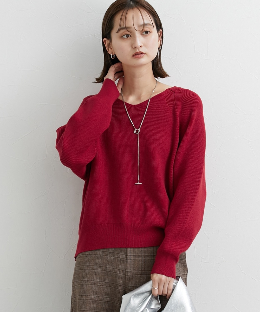 もちもち素材 畔編みVネックラグランスリーブニット 通販【ニッセン】