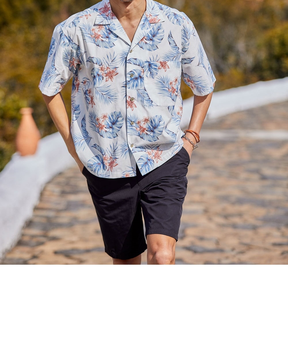 オーバーサイズ綿100％オープンカラー5分袖アロハシャツ