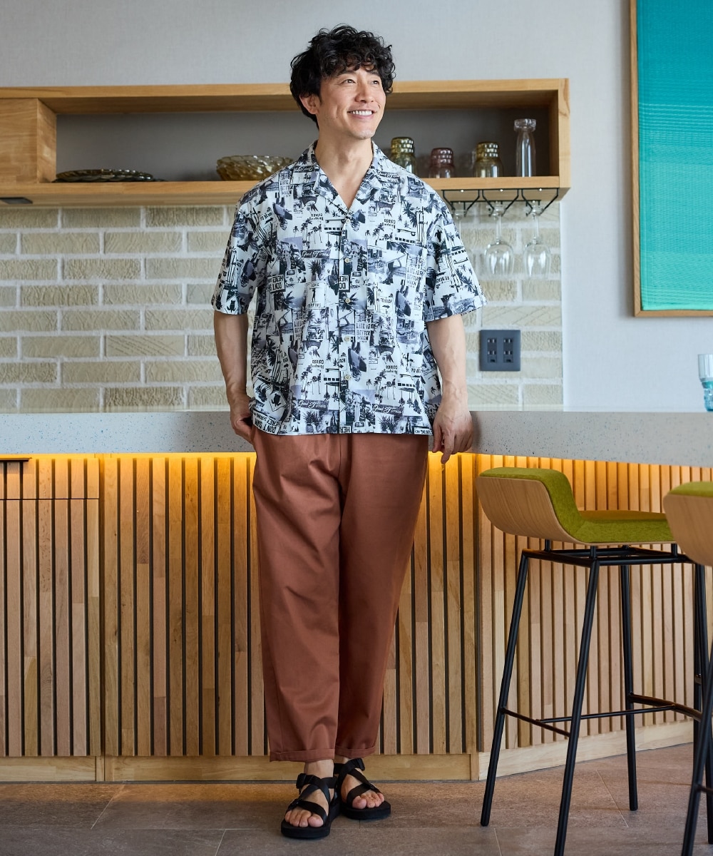 オーバーサイズ綿100％オープンカラー5分袖アロハシャツ（フォト柄