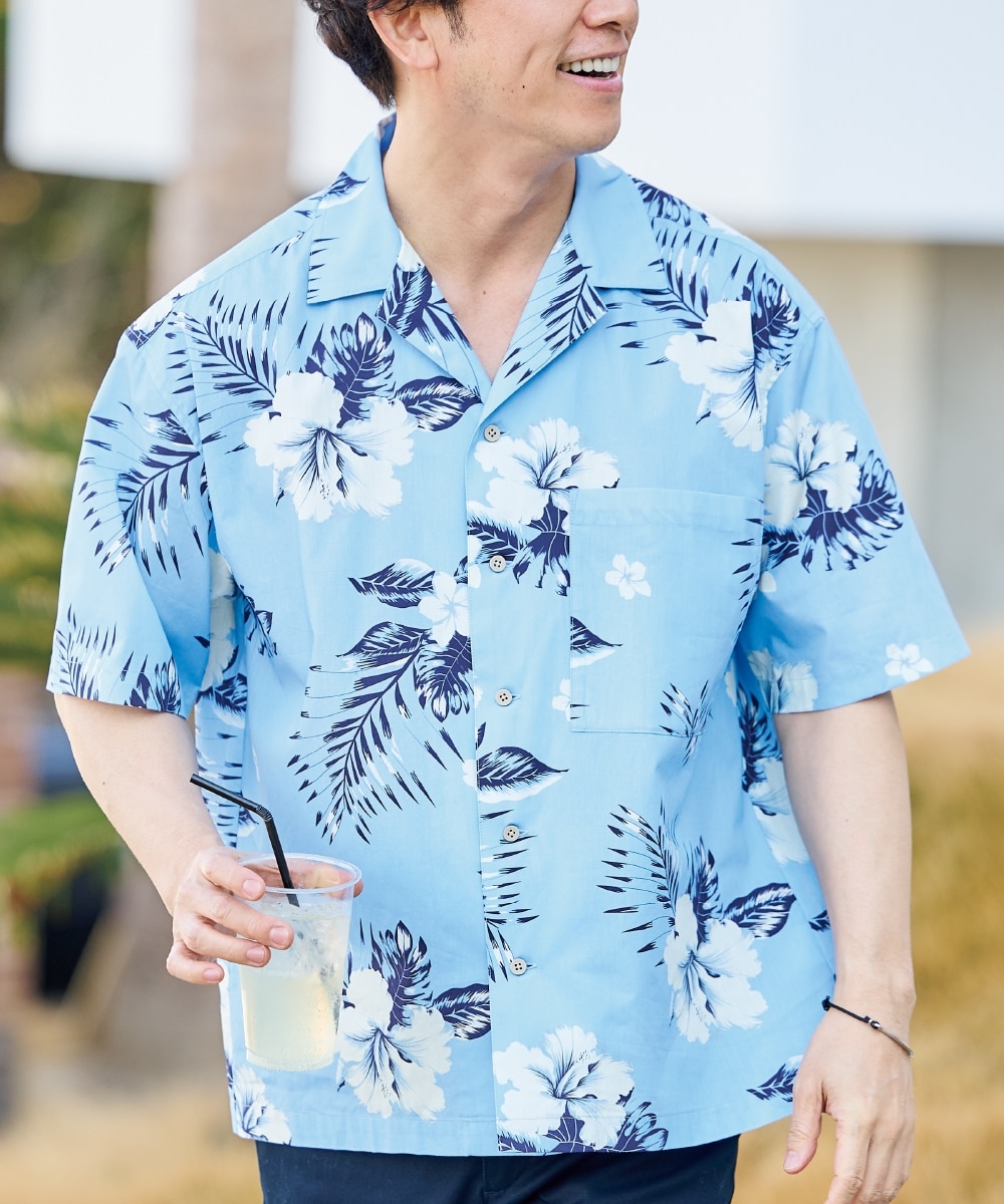 オーバーサイズ綿100％オープンカラー5分袖アロハシャツ