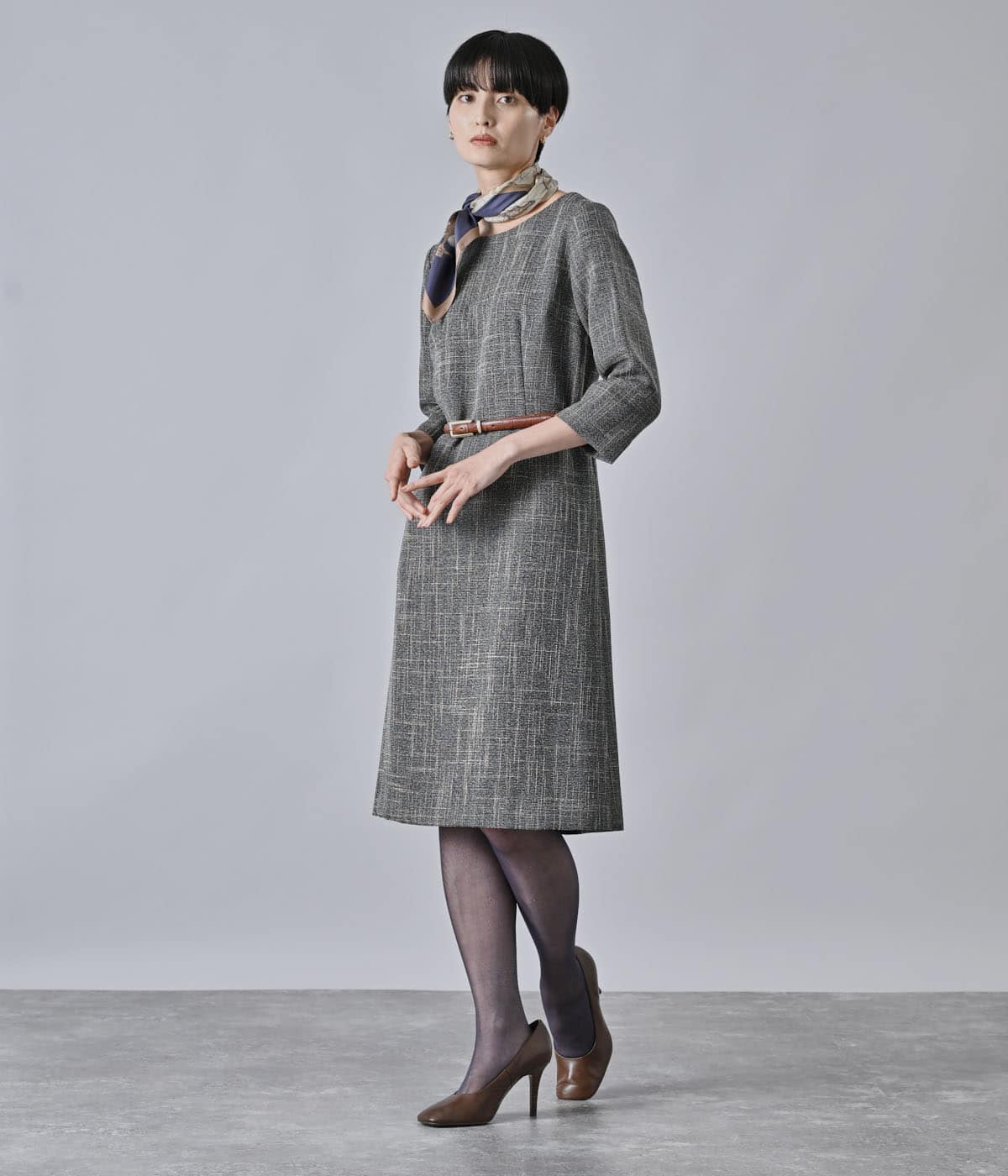 チャンキーツィード 7分袖Aラインワンピース(26426503-2025