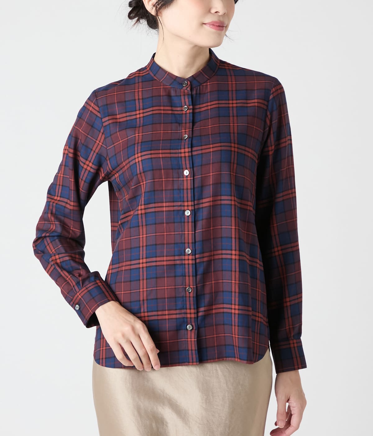 L】タータンチェック 長袖スタンドカラーシャツ(79616417-2025