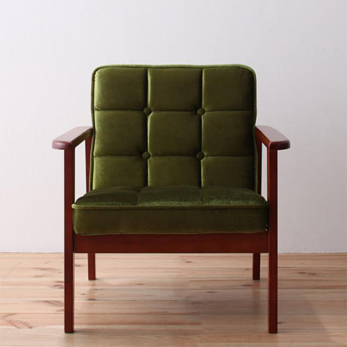 色褪せることのないグリーン 木肘レトロソファ 1人掛けタイプの詳細