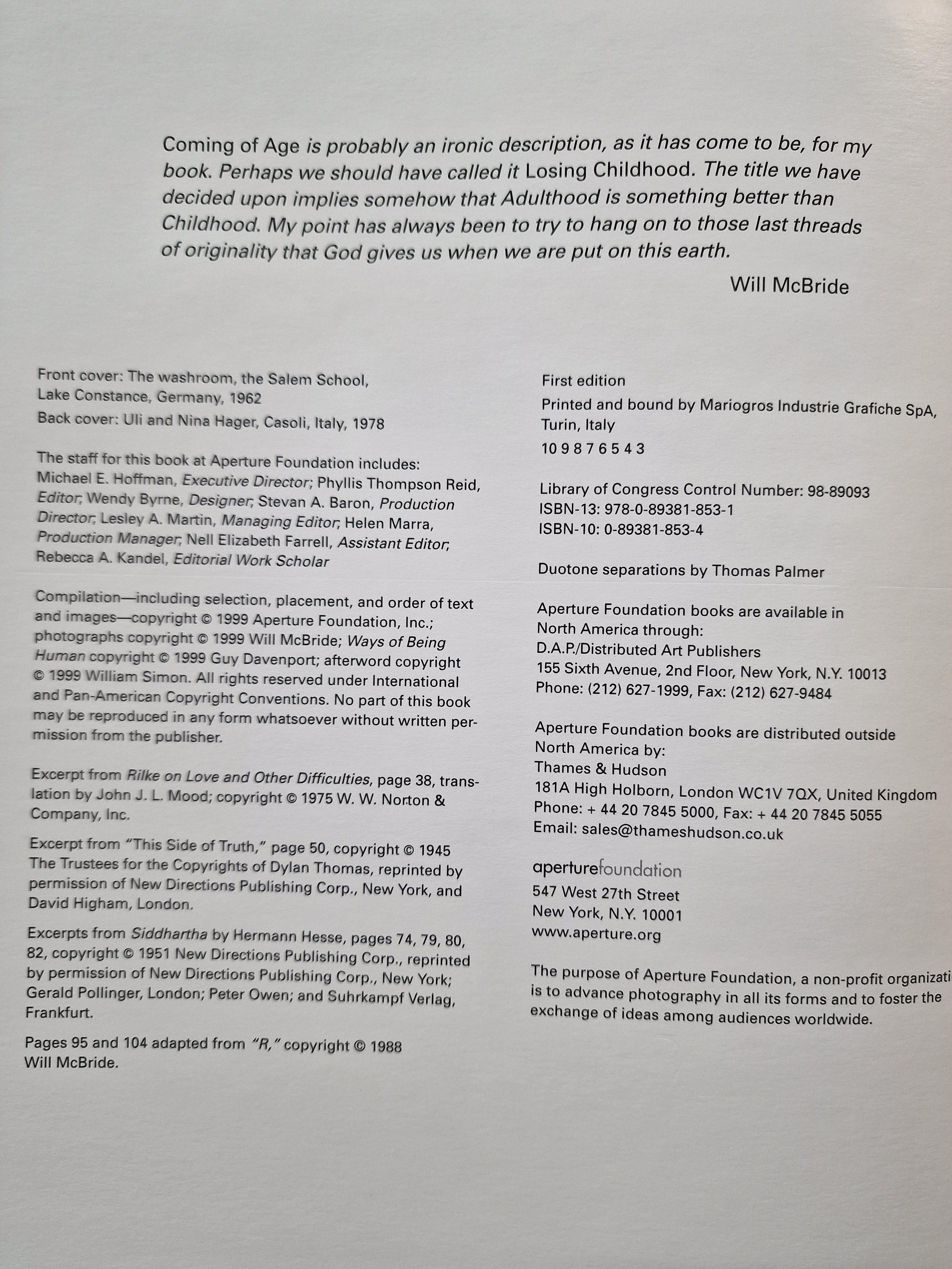 Buy Coming of Age by Will McBride Online – Setanta Books