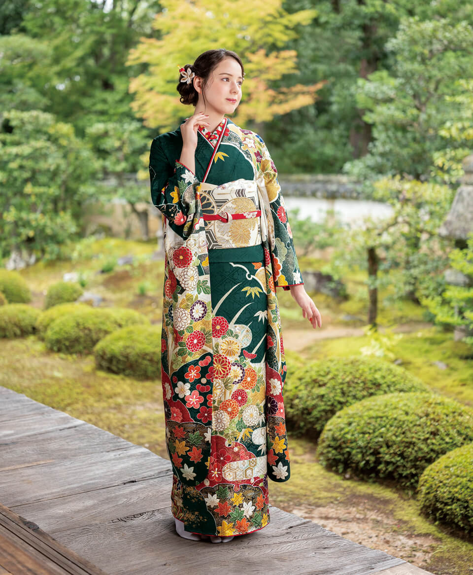 深緑地ヱ霞に菊雪輪[FR5016] | 成人式振袖レンタル京都さがの館