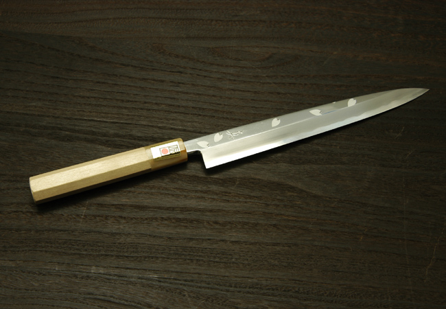 柳刃包丁 青一鋼 8寸 桜 鞘付 【包丁の＠堺英】