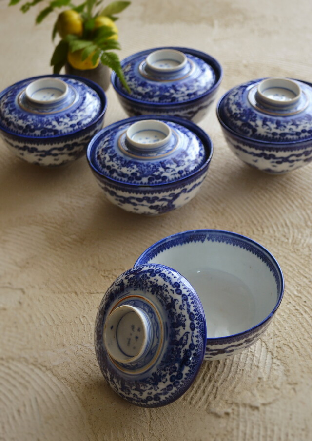 Antique Sam's Collection染付印判唐子紋蓋付茶碗