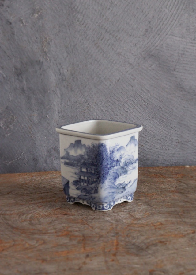 九谷名工 山本長左作 藍九谷 染付 植木鉢 盆栽鉢 筆筒 Sam's Collection