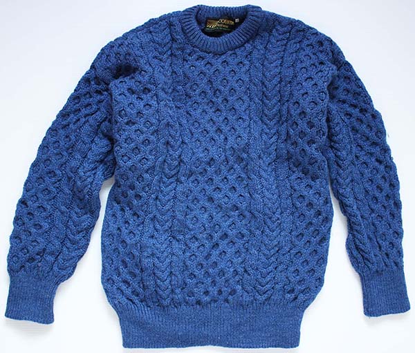 アイルランド製 ケーブル編み ニットセーター 青 42☆フィッシャーマン