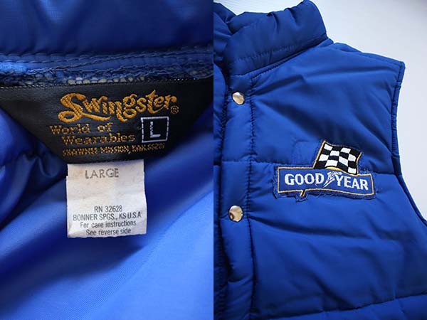 70s Swingster GOODYEAR パッチ付き 中綿入り レーシングベスト 青 L