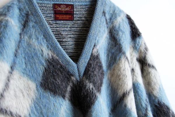 60s VAN HEUSEN アーガイル柄 Vネック モヘヤ ニット セーター M