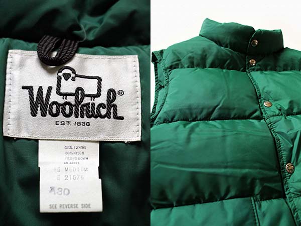 70s Woolrichウールリッチ ダウンベスト 緑 M - Sixpacjoe Web Shop