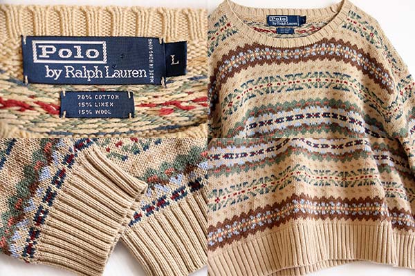 90s ポロ ラルフローレン フェアアイル柄 ウール×リネン×コットン