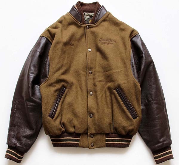 カナダ製 BONWITT 刺繍入り メルトン ウール 袖革スタジャン 茶×焦げ茶