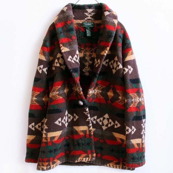 00s LAUREN ラルフローレン ネイティブ柄 ショールカラー コンチョ