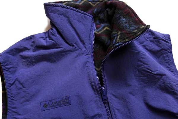 90s Columbiaコロンビア リバーシブル 総柄 フリース×ナイロン ベスト