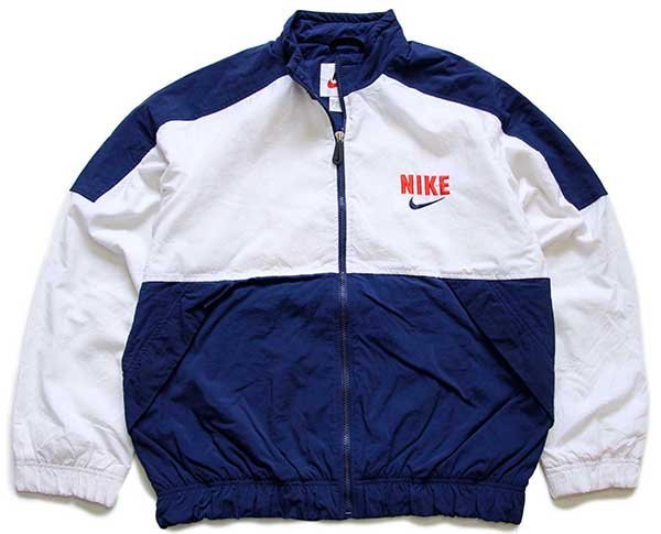 90s NIKEナイキ ビッグロゴ ツートン ナイロンジャケット 紺×白 S