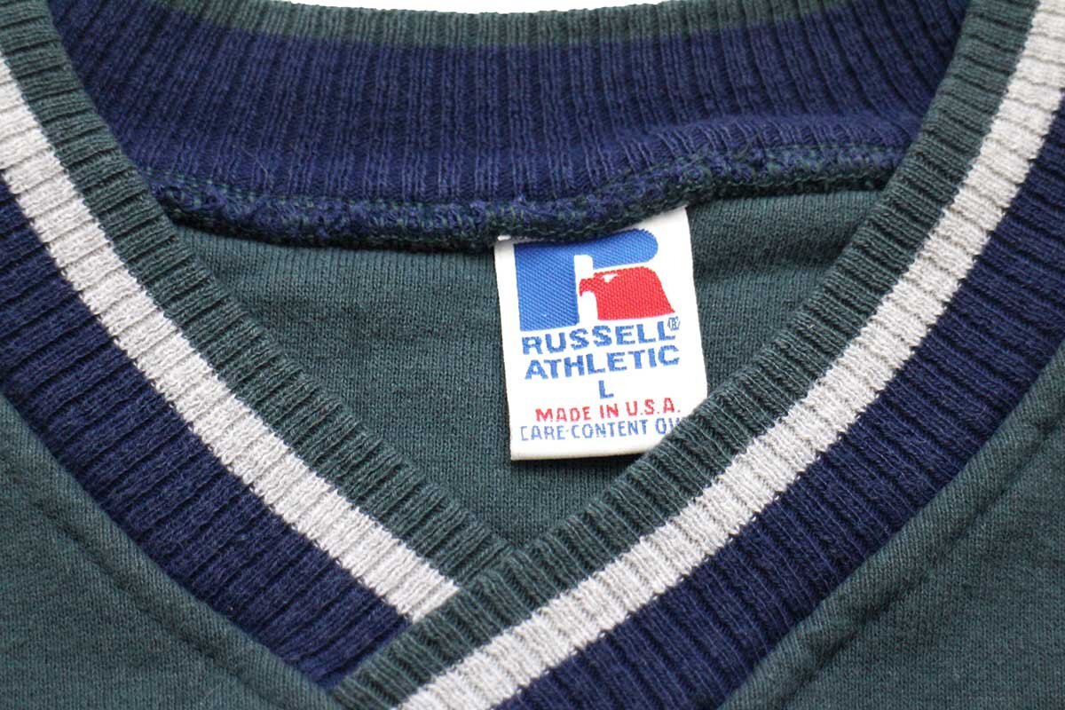90s USA製 RUSSELLラッセル 無地 Vネック リブライン スウェット 深緑