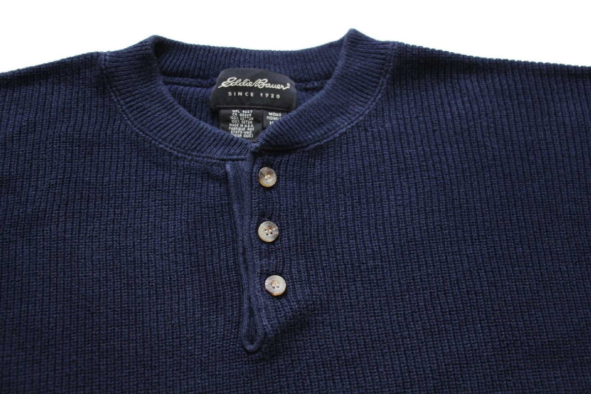 90s USA製 EddieBauerエディーバウアー 無地 ヘンリーネック コットン