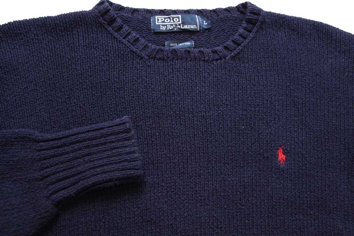 90s ポロ ラルフローレン ワンポイント コットンニット セーター 紺 L