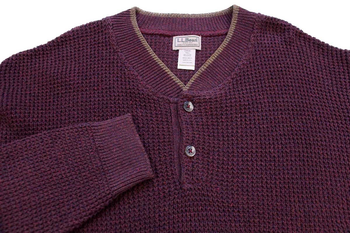 00s USA製 L.L.Bean ヘンリーネック ワッフル コットンニット セーター