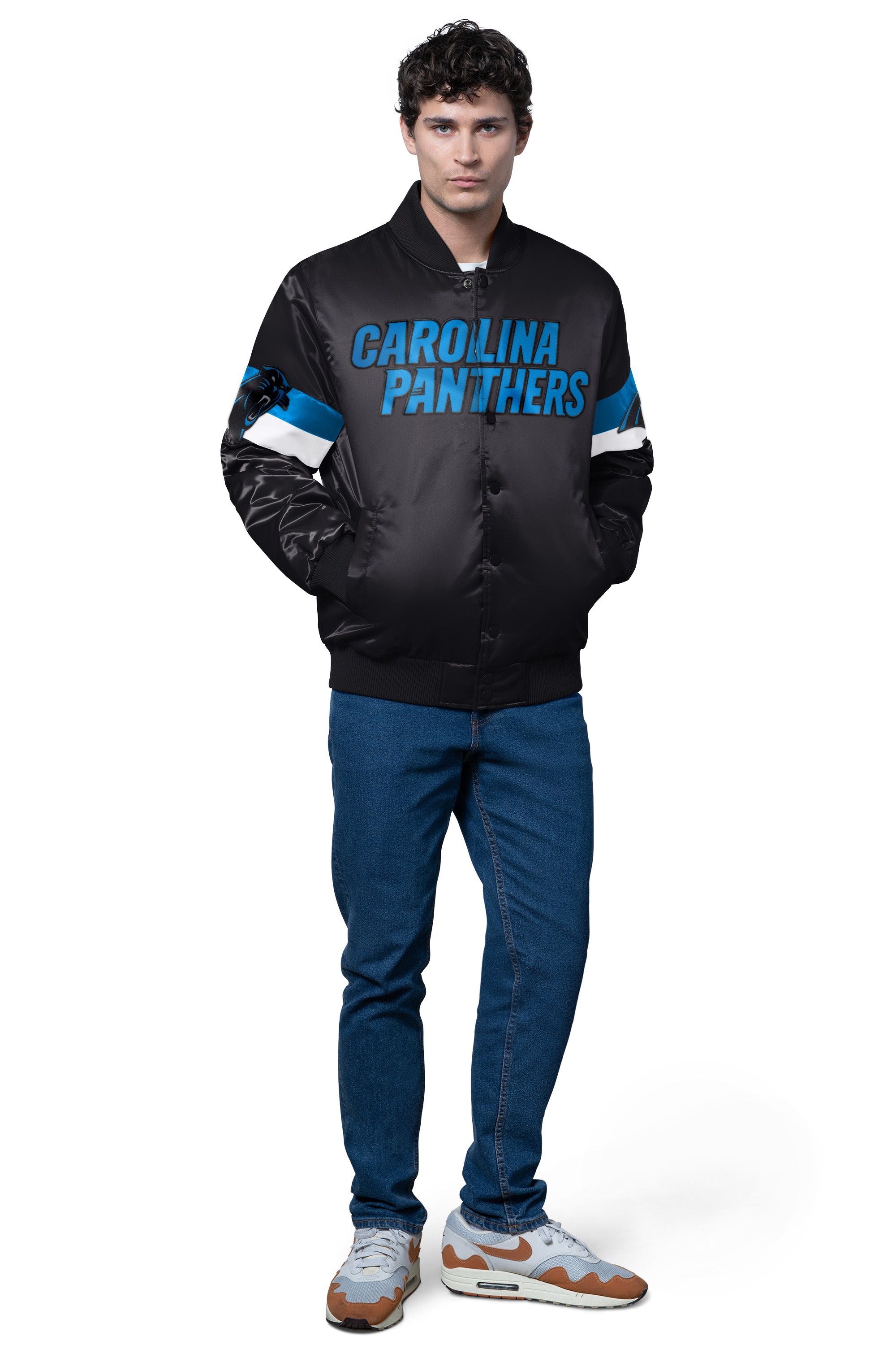Mens Carolina Panthers Triple Option Satin Varsity Jacket | NFL