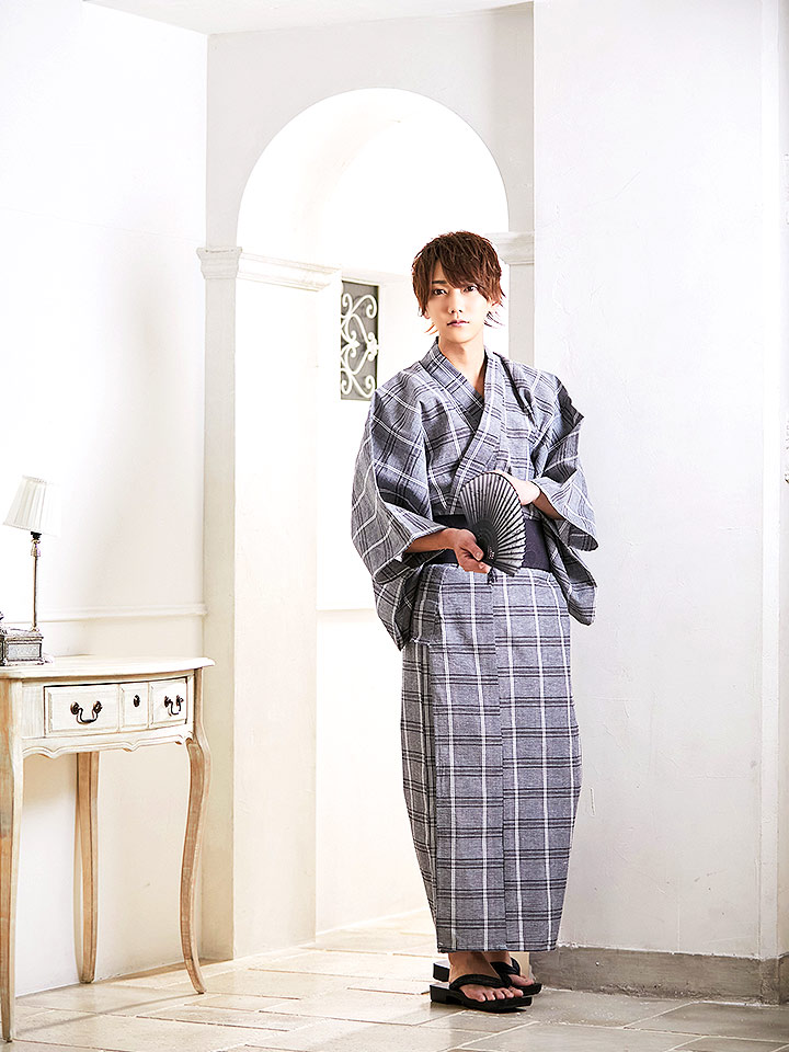 即日発送】【浴衣セット】グレー地格子柄メンズ浴衣【浴衣3点セット