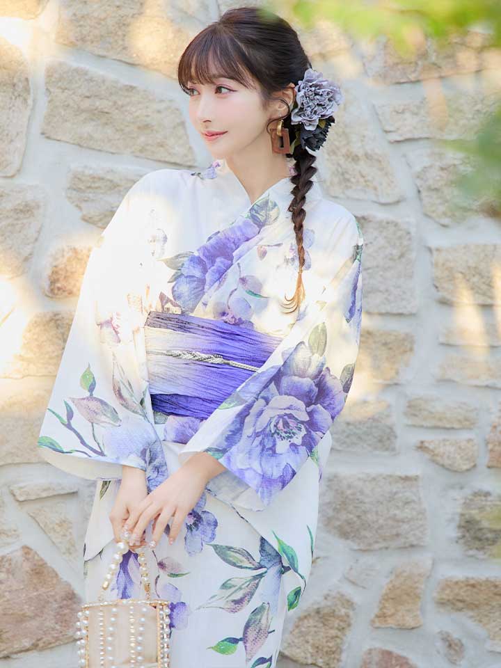 即日発送！】【浴衣】白地に水彩牡丹のクラシック浴衣 【浴衣3点