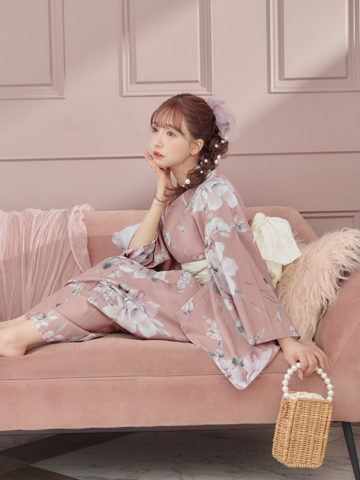 即日発送】大人スウィート/くすみピンク椿浴衣【浴衣3点セット 浴衣