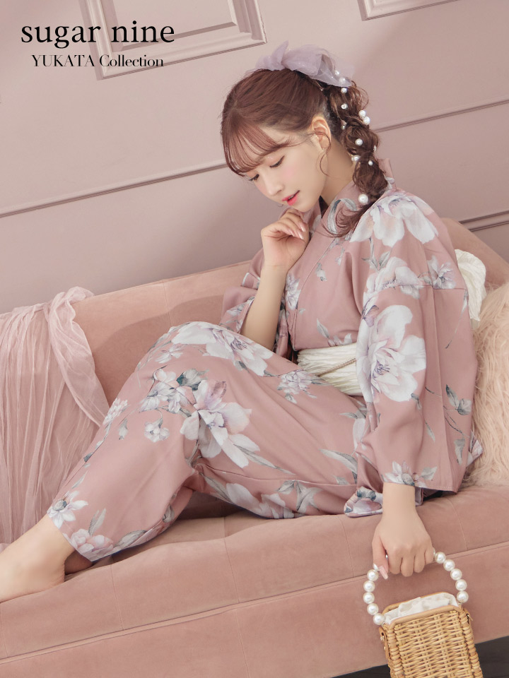 即日発送】大人スウィート/くすみピンク椿浴衣【浴衣3点セット 浴衣