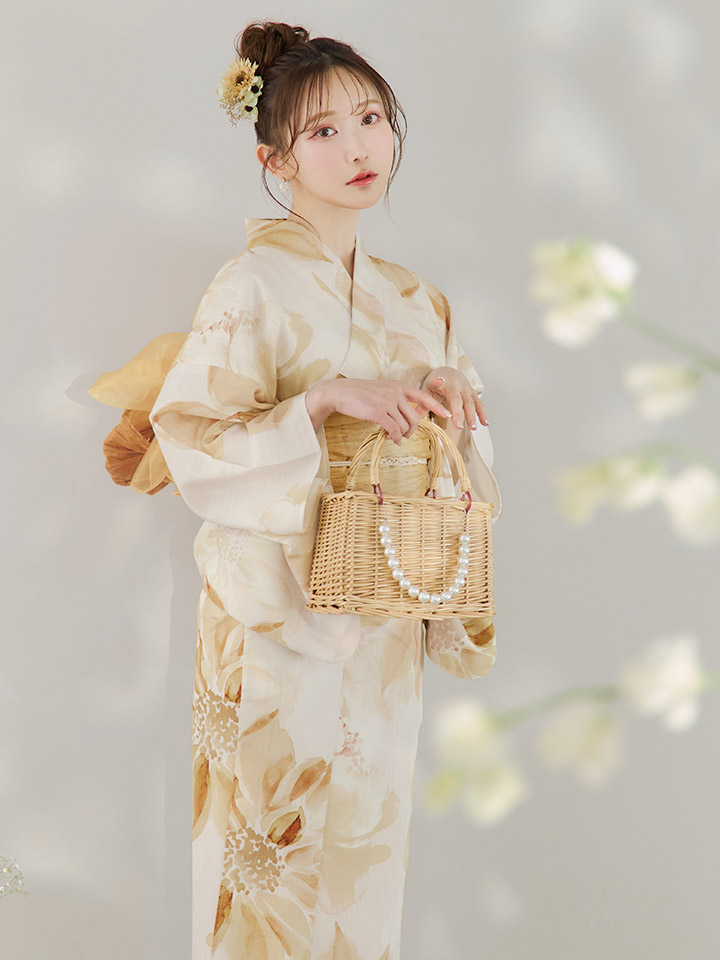 即日発送！】水彩イエローフラワー浴衣【浴衣3点セット 浴衣/帯/下駄