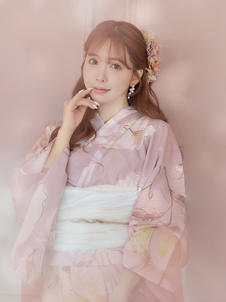 即日発送】大人くすみピンクx牡丹浴衣【浴衣3点セット 浴衣/帯/下駄