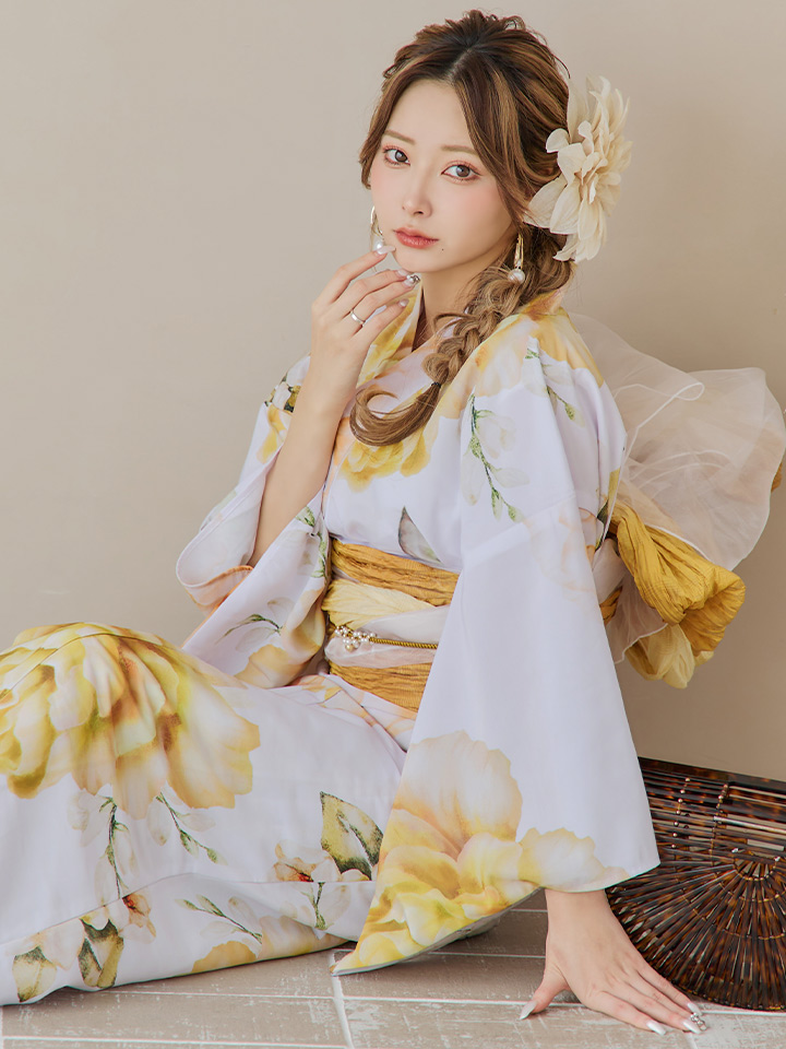 即日発送】アンニュイイエローフラワー浴衣【浴衣3点セット 浴衣/帯