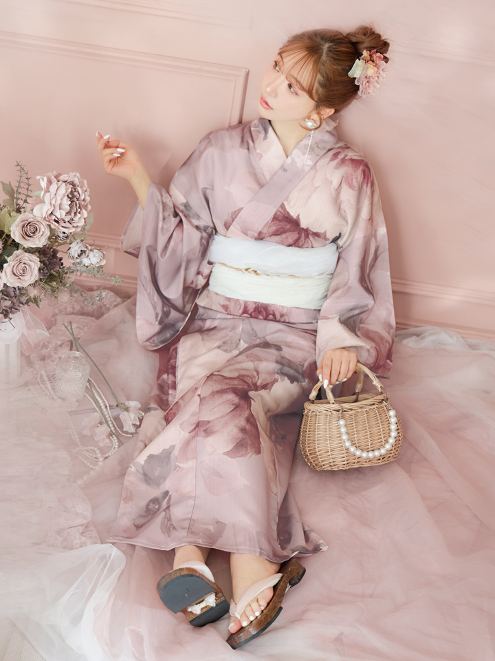 即日発送】アンティークフラワーピンク浴衣【浴衣3点セット 浴衣/帯
