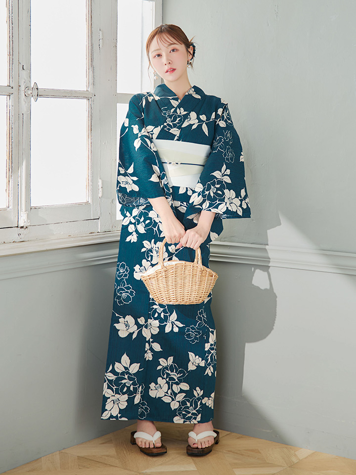 即日発送】藍色椿桜柄浴衣【浴衣3点セット 浴衣/帯/下駄】[OF04