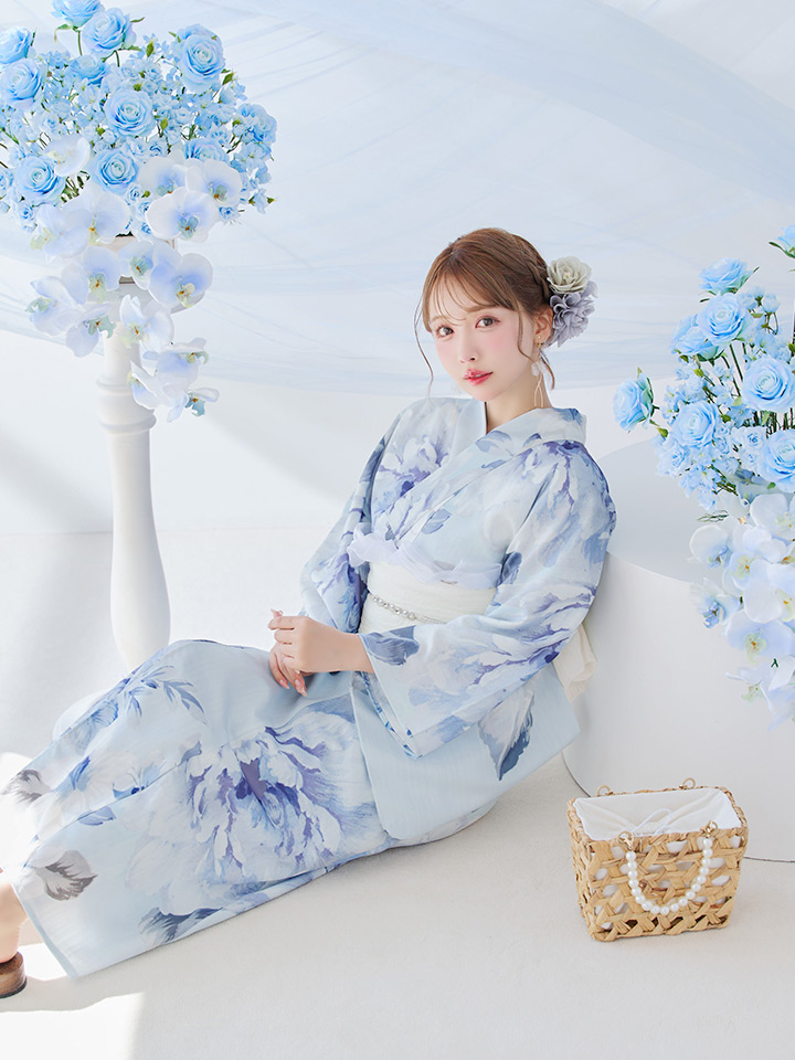 即日発送】アイスブルー牡丹浴衣【浴衣3点セット 浴衣/帯/下駄】[OF04