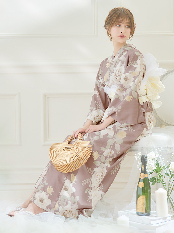 即日発送】ピンクベージュフラワー浴衣【浴衣3点セット 浴衣/帯/下駄