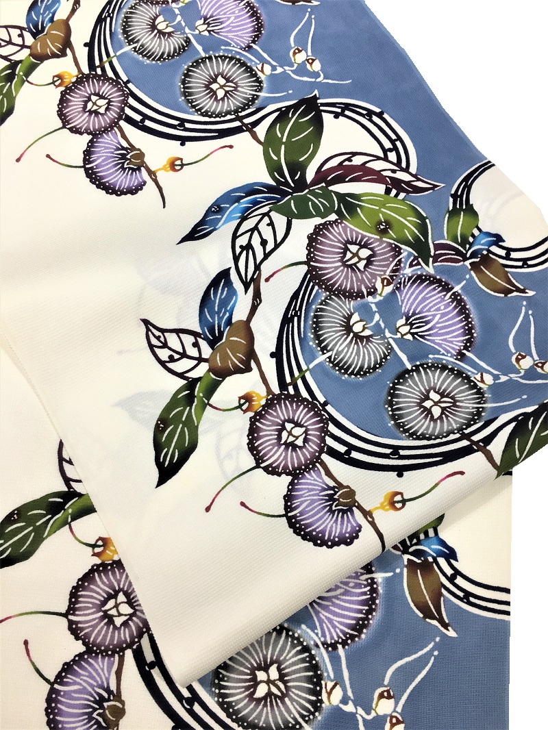 琉球紅型染九寸名古屋帯｜ 幻想的な色使いで神秘的なサガリバナを