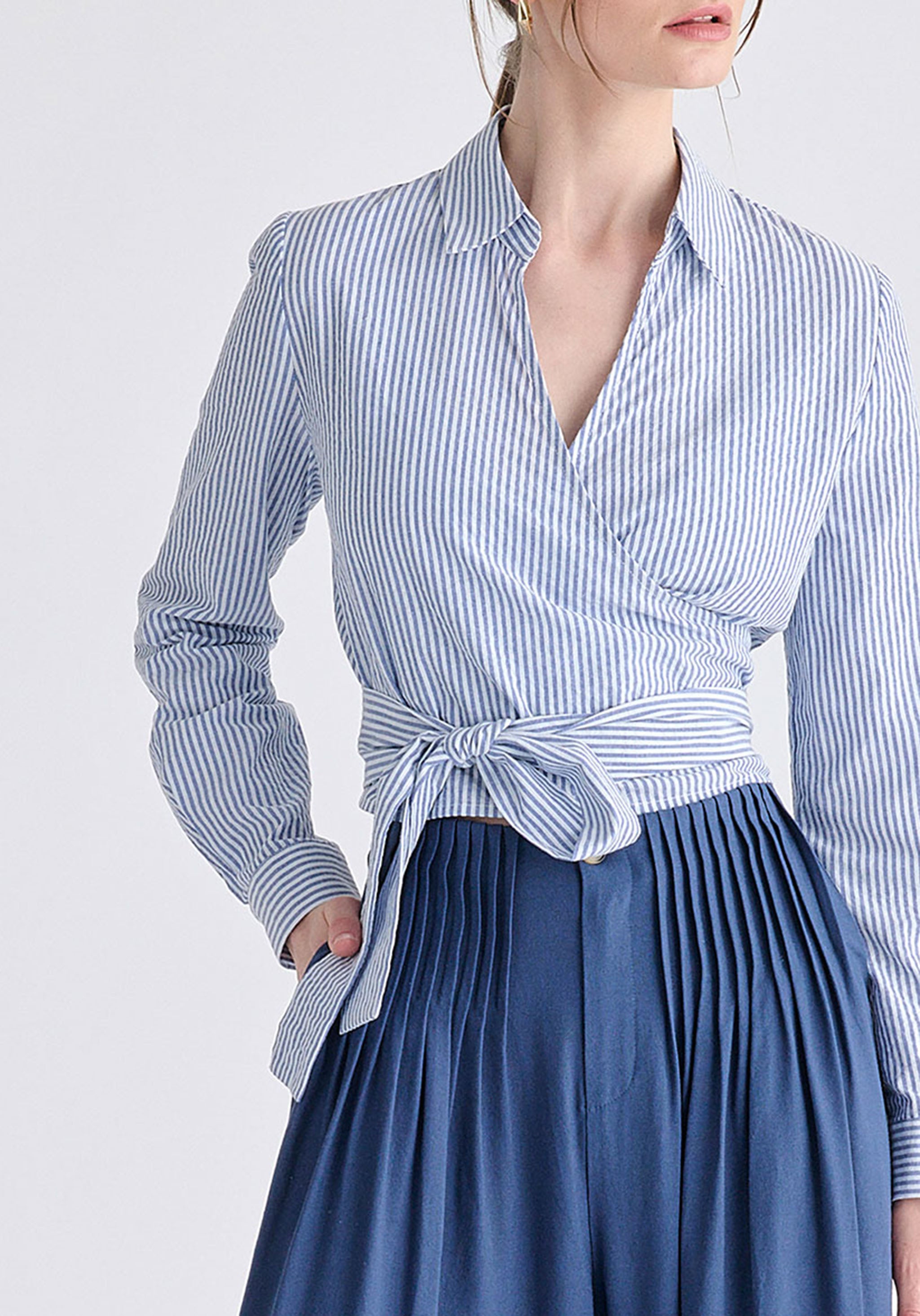 Side Tie Wrap Blouse in Blue Stripes | Tops – Paisie