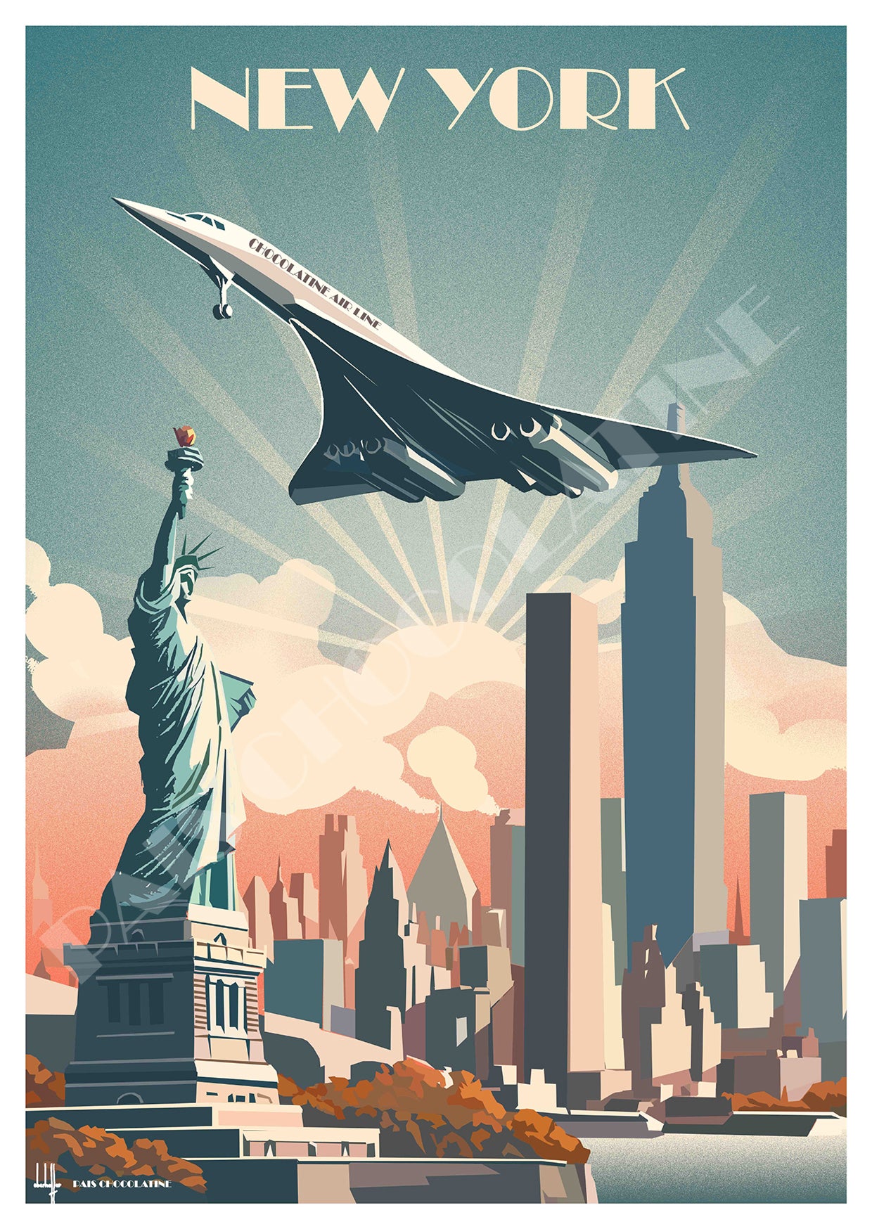 Vintage New York Painting – Statue of Liberty and Concorde by Pais