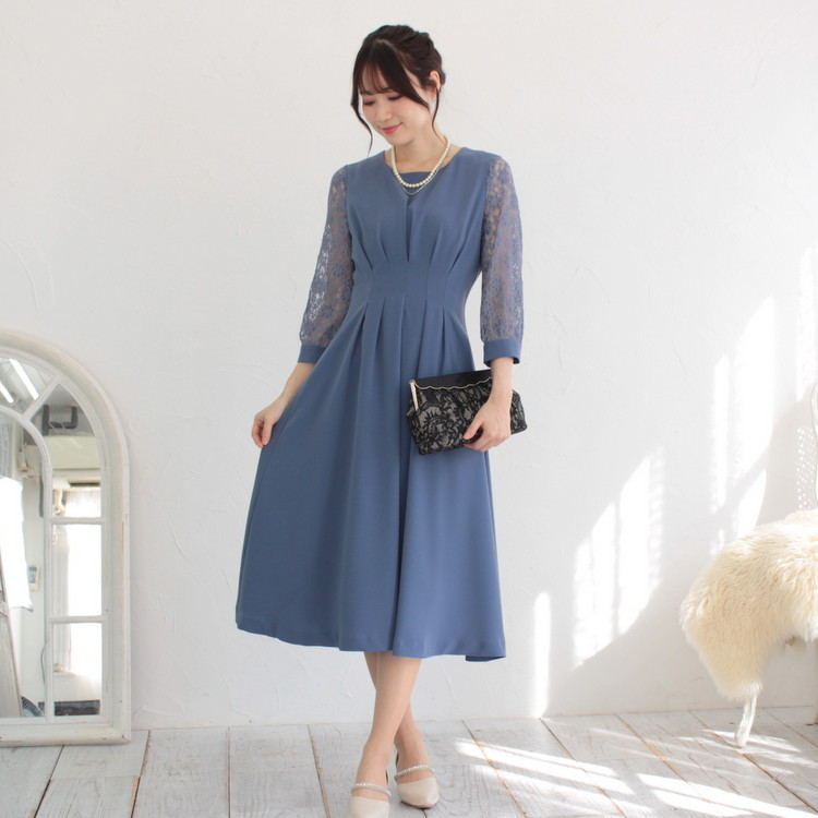 Made in JAPAN タックフレア美ラインワンピース（ダスティブルー