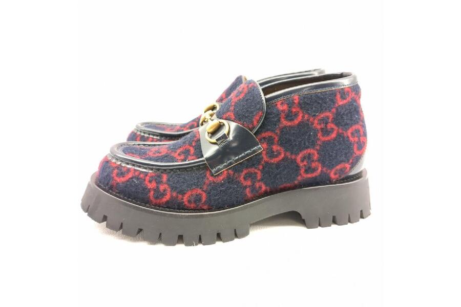 GUCCI 598315 ウールホースビットローファー ネイビー GG柄 SIZE 5 1/2