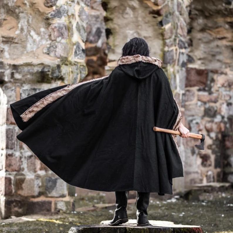 Black Hooded Pirate Cape | Wool with Faux Fur Trim
