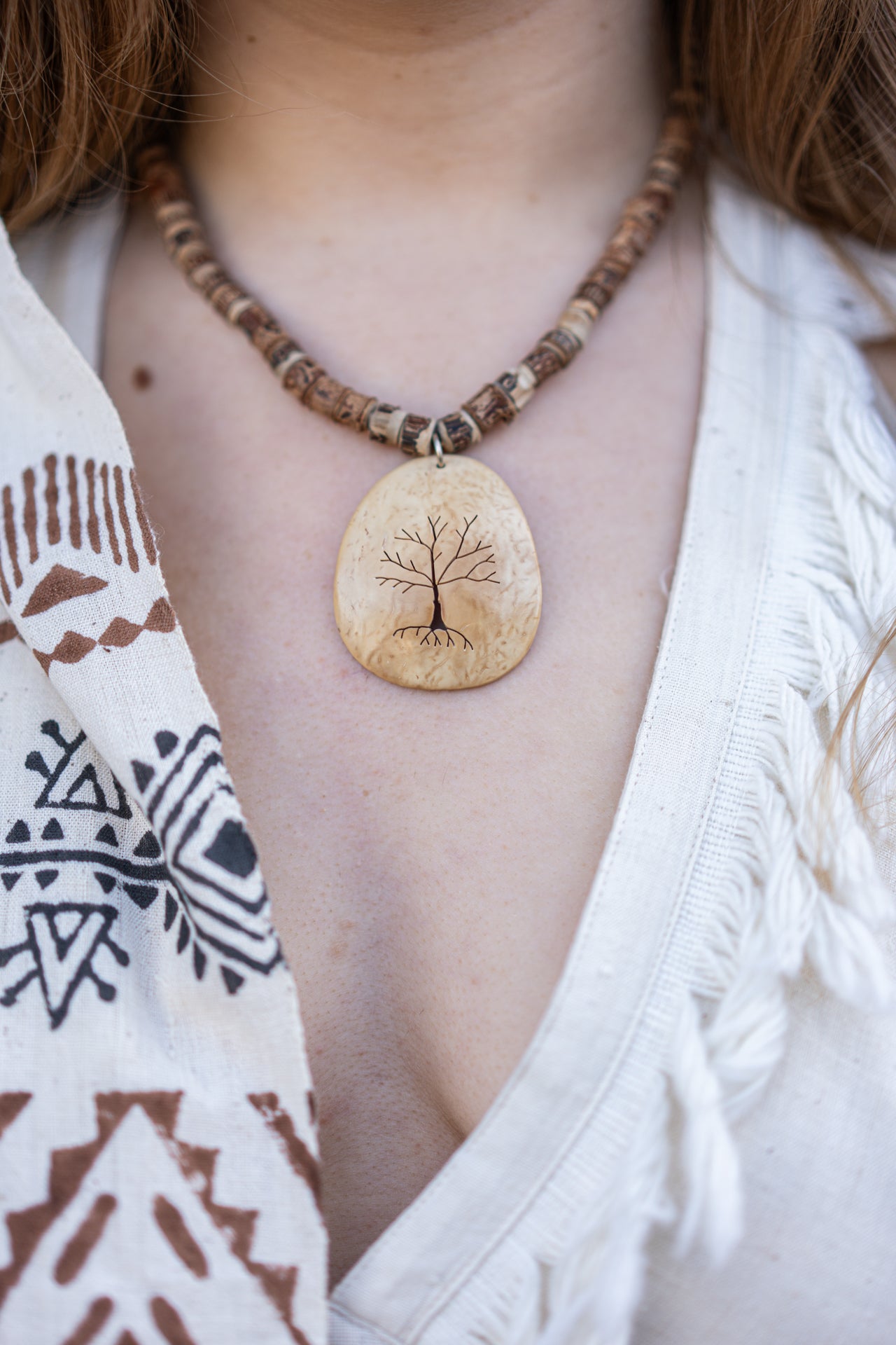 Hand Carved Tree Pendant ⫸ Coconut Shell on Tulsi Beads Necklace
