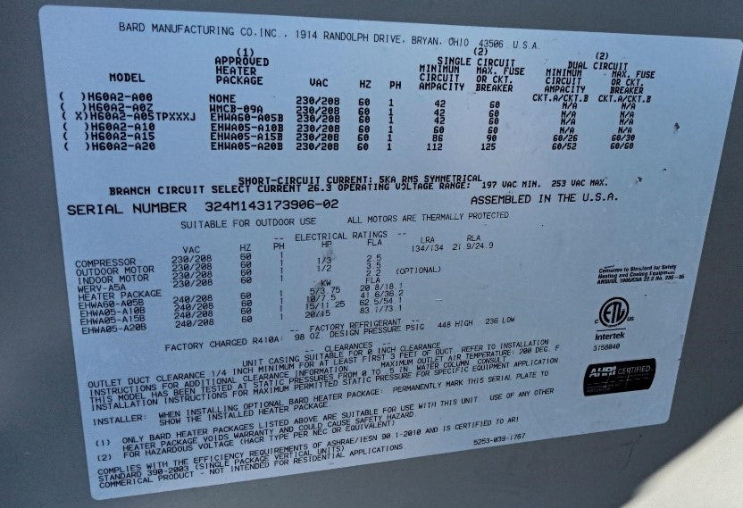 Bard HVAC Unit-84104 – Quantum Technology Equipment