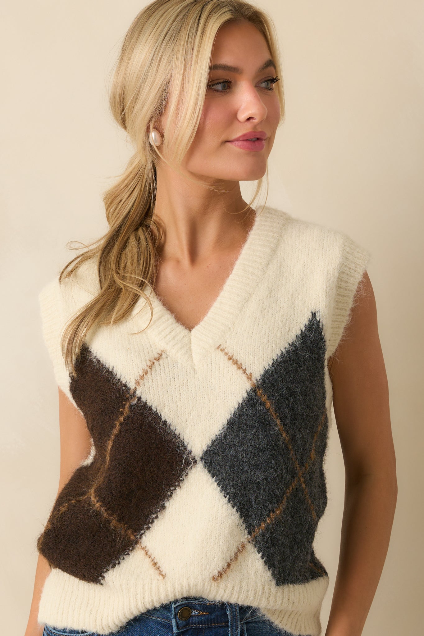 Ivory Argyle V-Neck Sweater Vest - All Sweaters | Red Dress