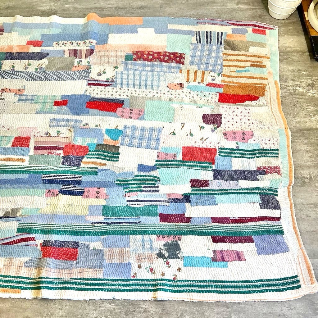 ラリーキルト ラグ パッチワーク ステッチ ブルー ヴィンテージ 中古