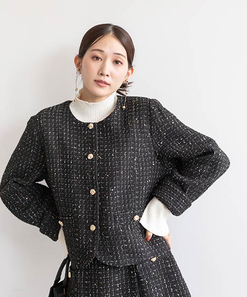 未使用級 23AW セオリー ノーカラーツイードジャケット L 黒